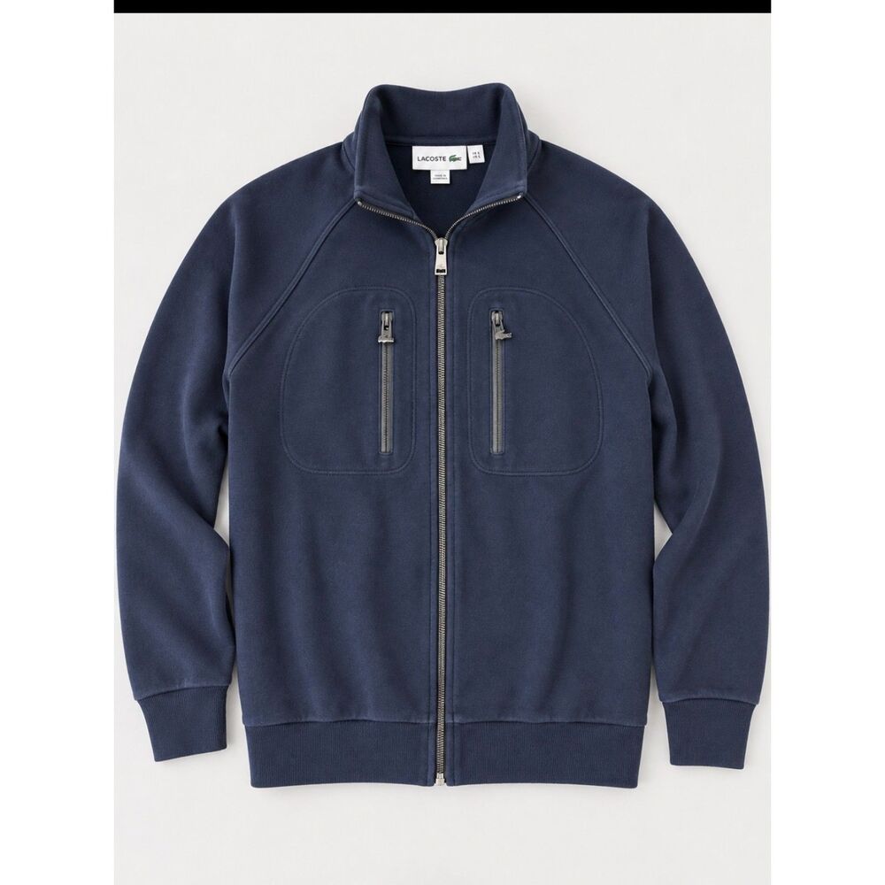 Lacoste Men’s Full Zip Jacket Large Navy Blue Zip Chest Pockets Mock Neck